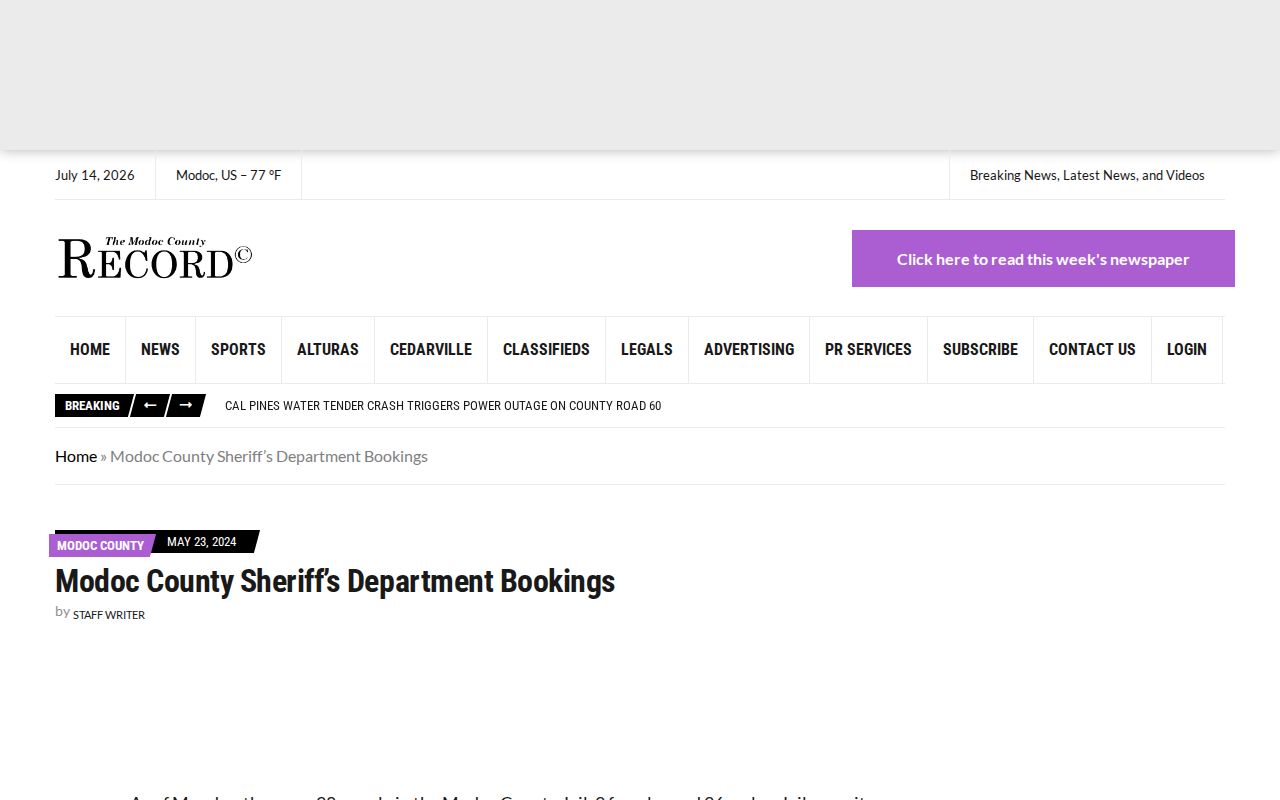 Modoc County released last 72 hours local booking news lead