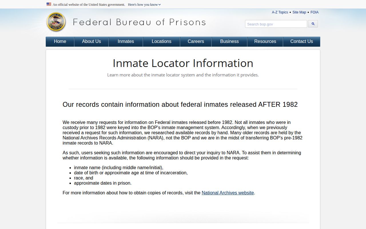 BOP federal inmate records explanation for Modoc release checks