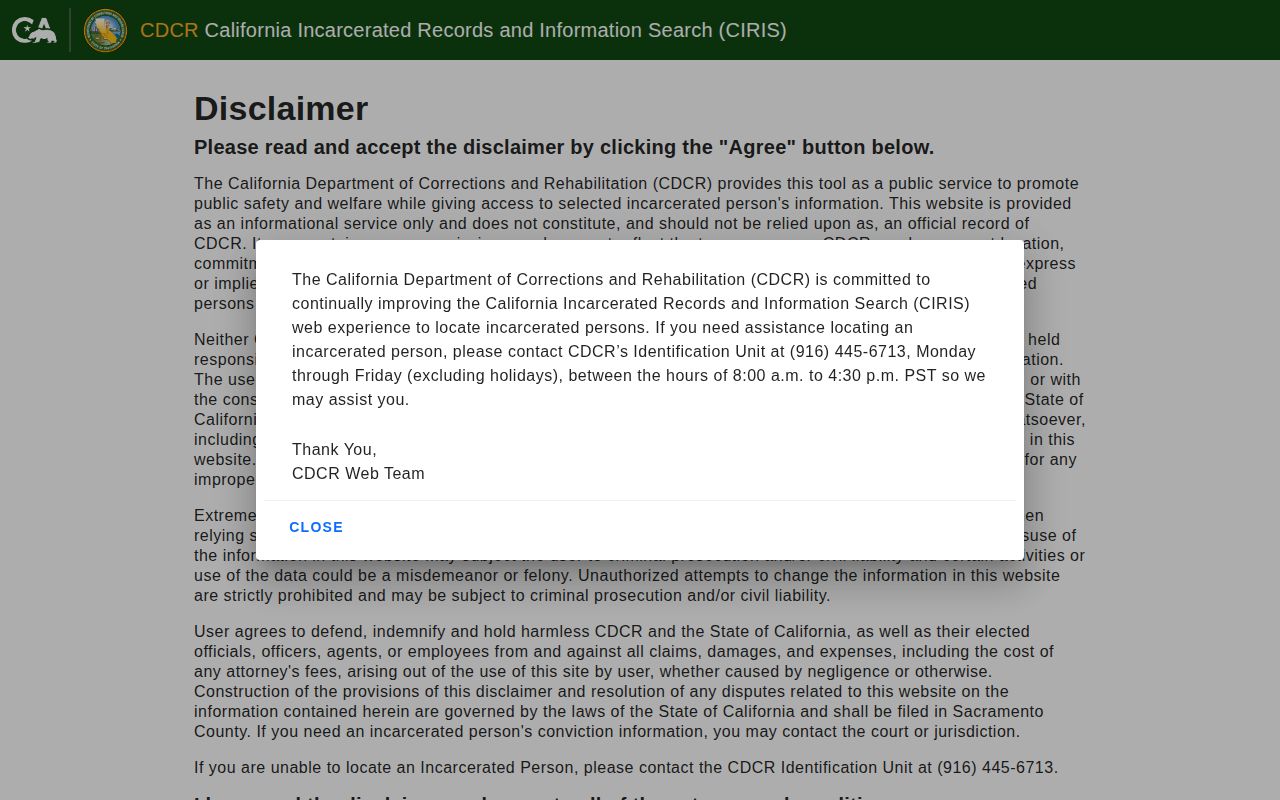 Modoc County released inmates CDCR CIRIS search context