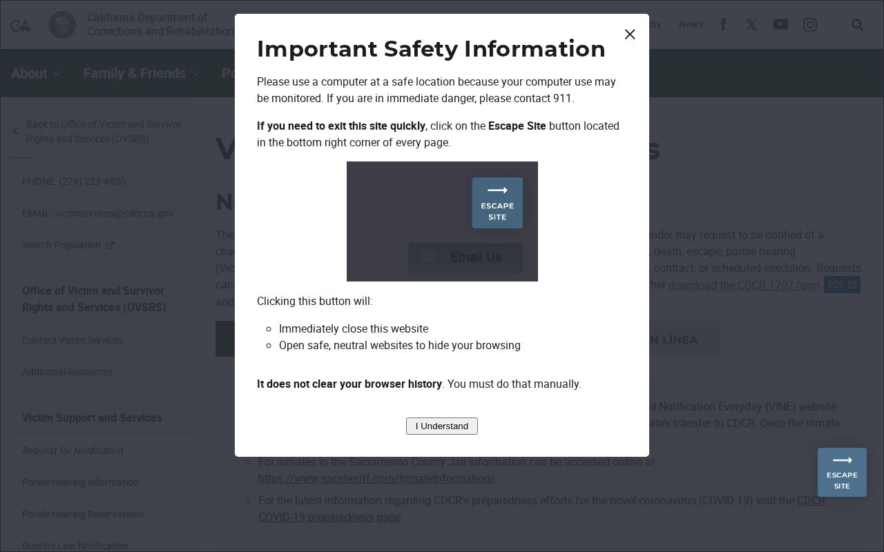 CDCR victim services application source for custody-change notices